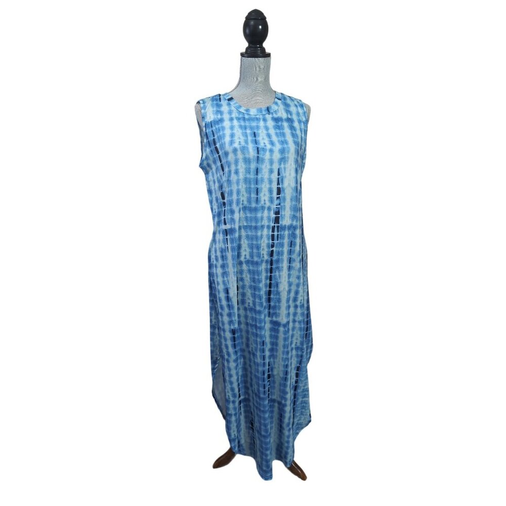 Anrabess Maxi‎ Dress Womens L Blue Tie Dye Sleeveless Pullover Casual Beach Vaca